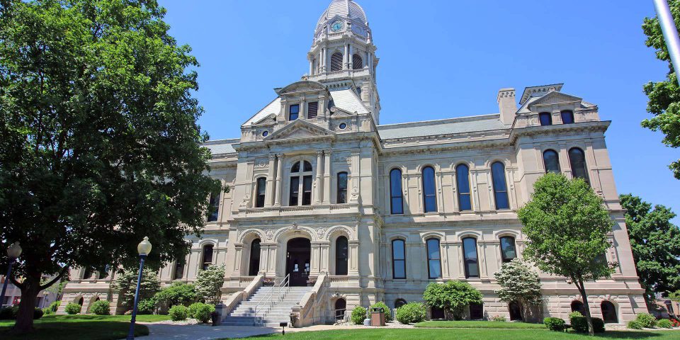 Exterior of the Kosciusko County courthouse building in Warsaw, Indiana.